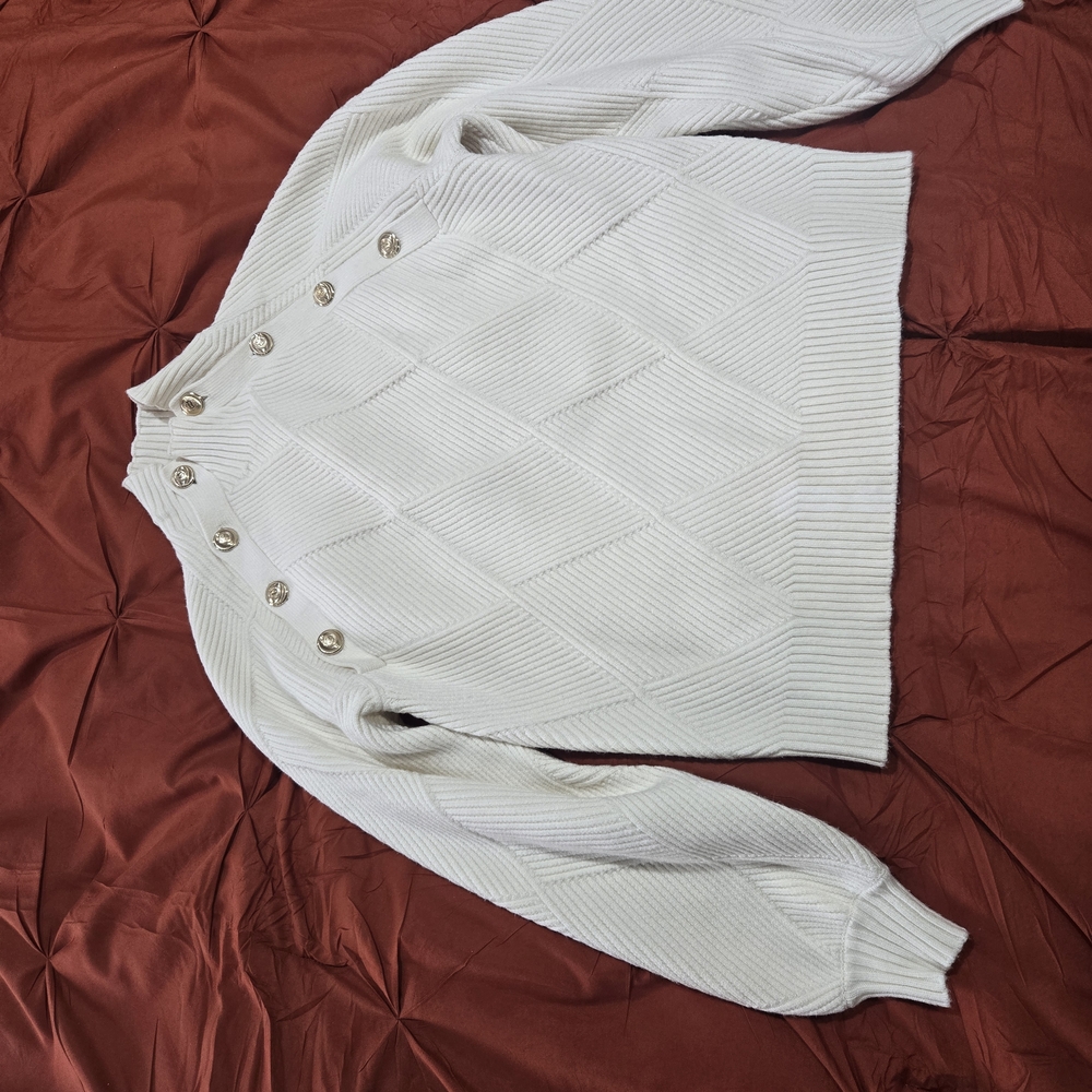 Maje White Cream Sweater with GOLD Button Details Marna Diamond Pattern